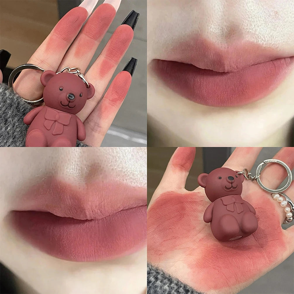 Matte Lip Mud Keychain Design Cute Bear Liquid Lipstick Velvet Sexy Red Lip Gloss Long Lasting Lip Tint Mud Cosmetics 6 Colors
