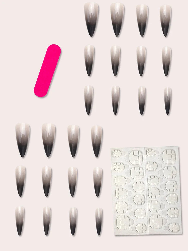 24 piece long pointed black gradient pattern glossy fake nail set enhances your Halloween style