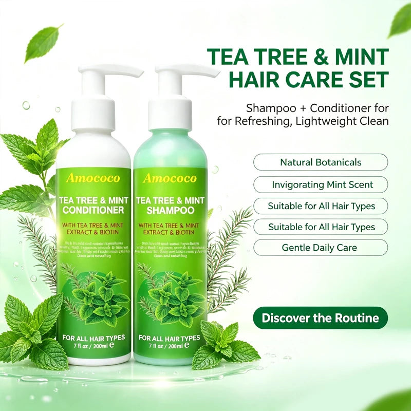 Amococo 2pcs X 200ml Tea Tree Shampoo and Conditioner Set with Mint Biotin Refreshing Scalp Care Hair Care Duo Volumizing Smooth Hair Formula for All Hair Types