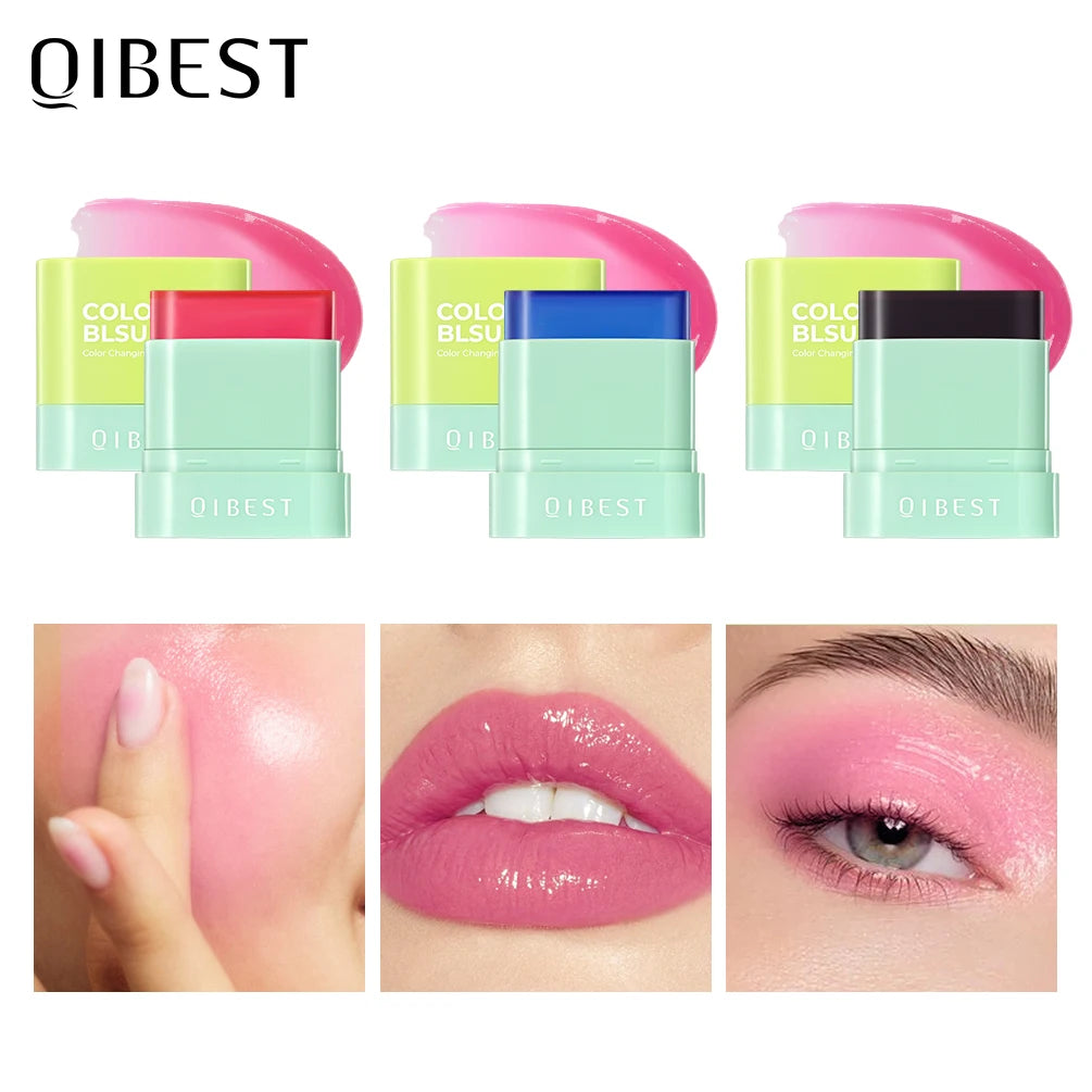 QIBEST 3 Colors Jelly Blush Stick Lip Balm Eyes 3-in-1 Multi-Use Matte Blush Moisturize Brighten Lipstick Watercolor Cosmetics