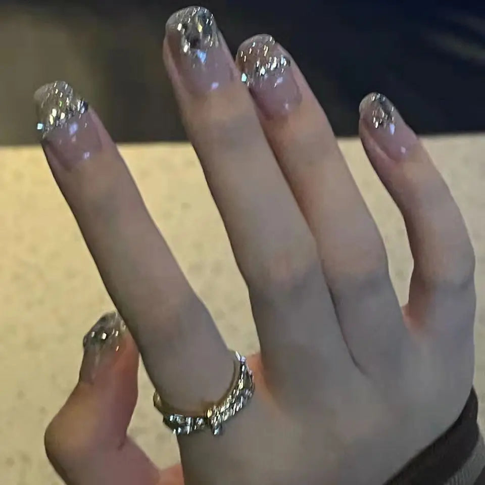 10pcs Handmade Spring Summer Press on Nails Bridal Sequins Bling Rhinestones Fake Nails Stick-on Nails with Design Self-nail