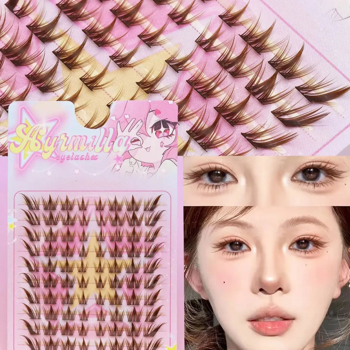 Ayr 80PCS C Curl Brown Style Eyelash Extension Winged Individual Lashes Natural Segmented Eyelash Bundles Makeup Tools