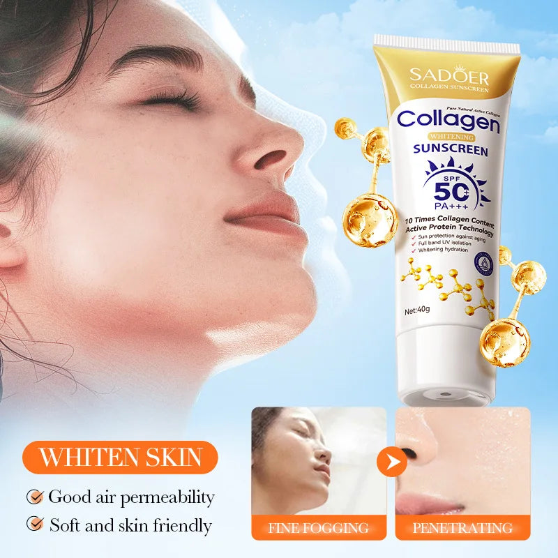 SADOER Spf 50+ Collagen Sunscreen for Face Body Sun Block Whitening Creams Solar Blocker Anti-aging Facial Sunscreen