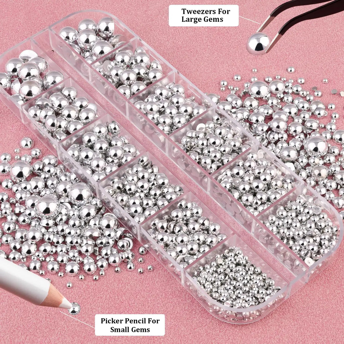 12Grid Gold&Silver Half-Beads Nail Charms With Pick Pen+tweezers Metal Nail Round Caviar BallY2K 2/3/5/6/8mm Flat-Back Nail Bead