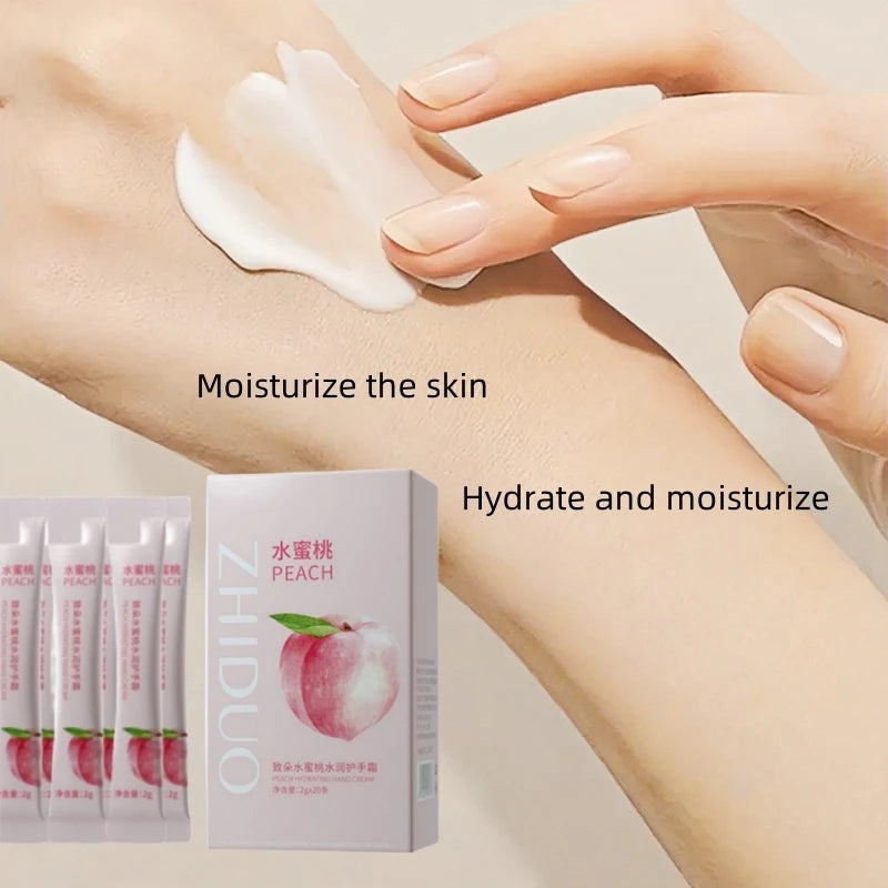 A Box of 20 Peach Moisturizing and Hydrating Hand Creams, Portable Moisturizing Sticks, Suitable as Hand Cream, Face Cream, and Body Lotion, Ideal as Souvenirs and Gifts.