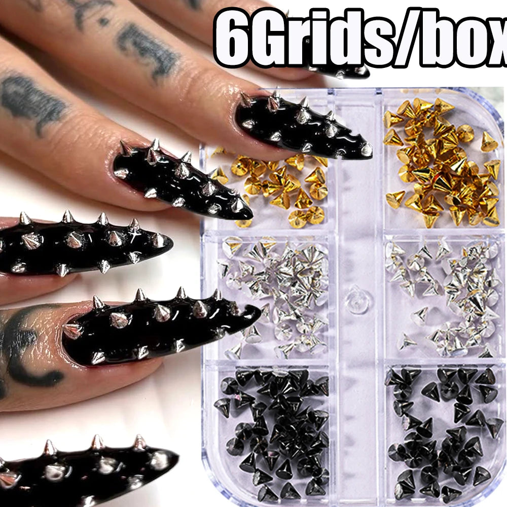6Grid/Box Y2K 3D Mixed Metal Punk Pointed Cone Nail Rivet Gold/Silver/Gun Black Alloy Spike Nail Charms Flat Bottomed Nail Stud