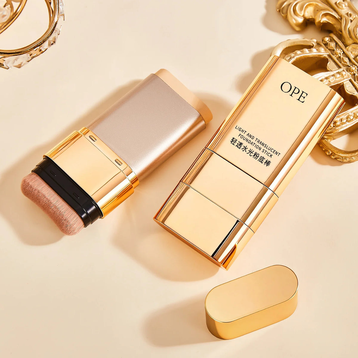 OPE 2-in-1 Concealer Foundation Stick - Slim Portable with Brush, Lightweight Buildable Coverage, Natural Dewy Finish