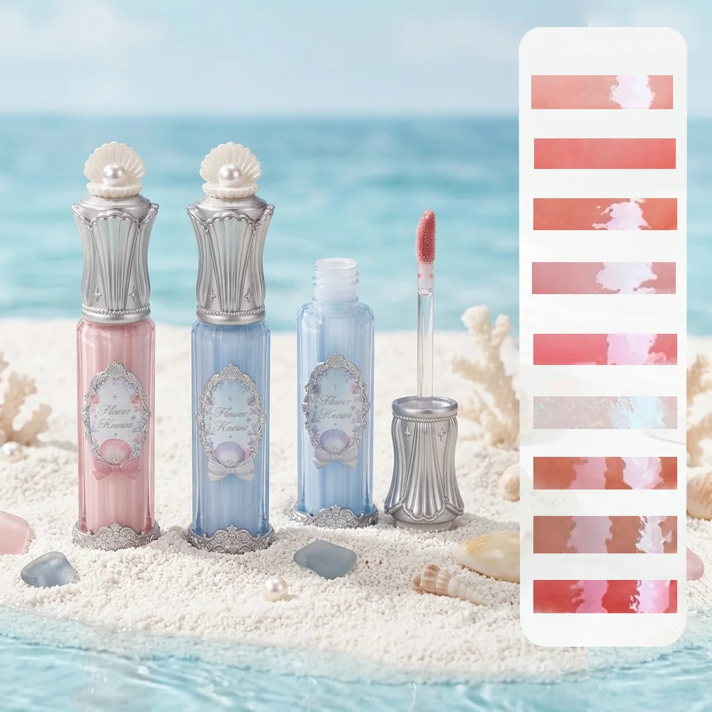 Flower Knows Shells Jewel Lip Gloss Long Lasting High Shine Hydrating Mermaid Gloss Plumping Waterproof Non Sticky Lip Makeup