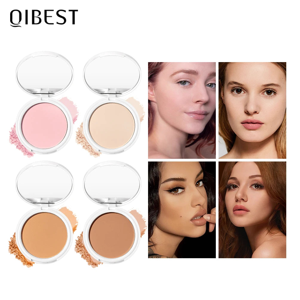QIBEST Pressed Powder Oil-Control Long-Lasting Face Setting Powder Compact Powder Full Coverage Concealer Makeup Base Foundation