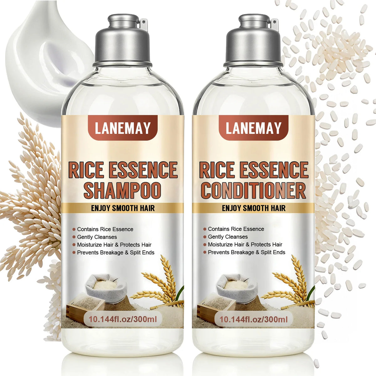 Rice Essence Shampoo & Conditioner Set – Gentle Cleansing with Deep Moisturizing for Smooth, Tangle-Free Hair.