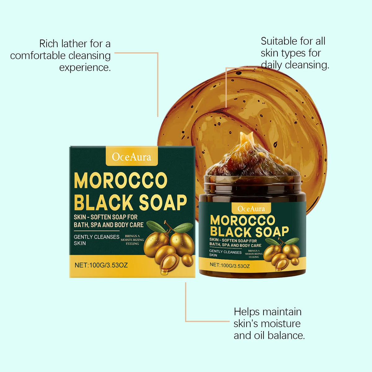 OCEAURA Body Care Black Soap Deep Cleaning Exfoliate Relieve Dryness Moisturize Skin Handmade Brighten Luster African Black Soap