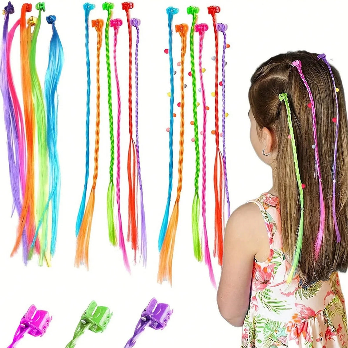 18pcs Colorful Themed Clip-In Children Hair Extensions Set, Suitable For All Seasons And Gifts
