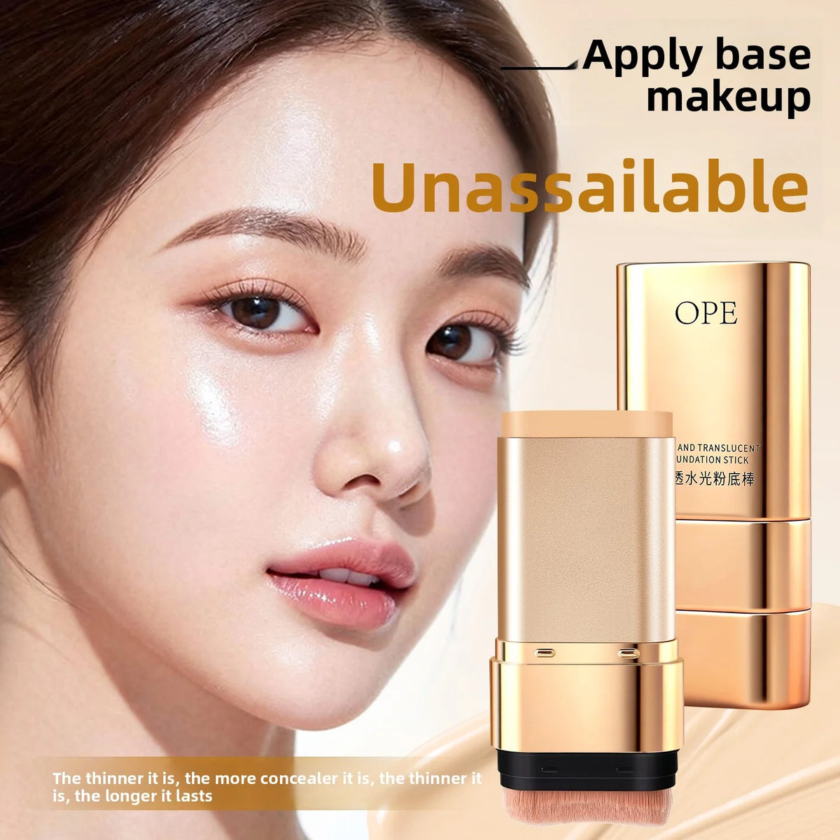 OPE 2-in-1 Concealer Foundation Stick - Slim Portable with Brush, Lightweight Buildable Coverage, Natural Dewy Finish
