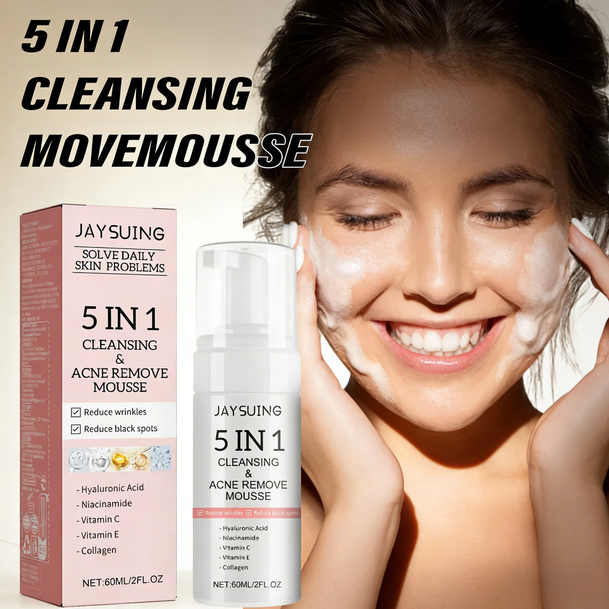 5 in 1 Facial Cleansing Mousse Hyaluronic Acid Hydrating Foam Cleanser Pore Shrink Pores Moisturizing korea Face Skin Care