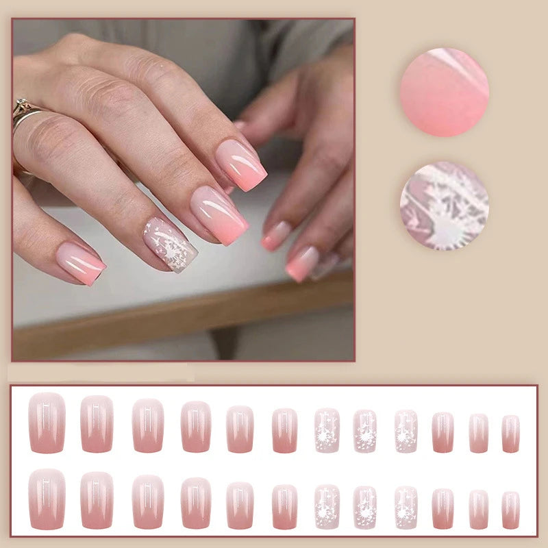 24pcs/set Medium Long Fake Nails for Summer Gradient Blue Ocean Jellyfish Water Plan Fish Cute Square Tips Press On False Nail
