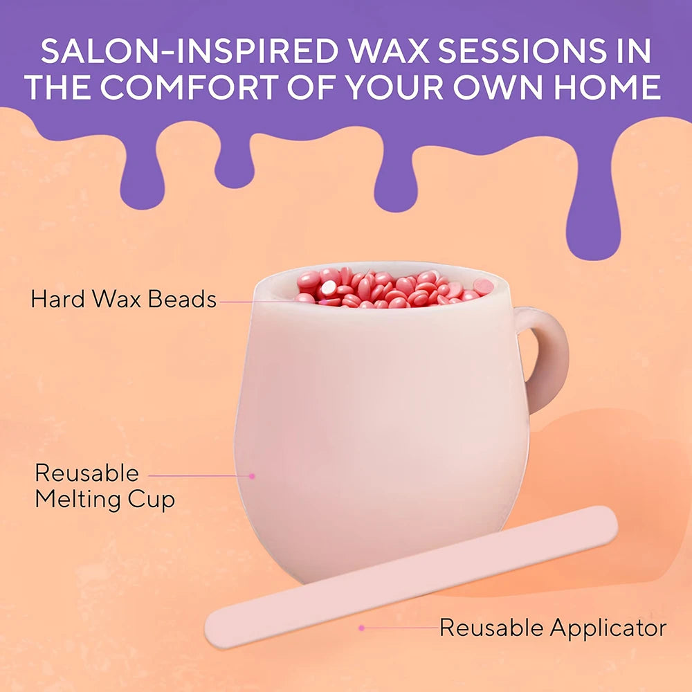 Viilife DIY At Home Microwave Waxing Kit Pink - Hard Wax Beads with Melting Cup & Applicator for Face & Body Hair Removal