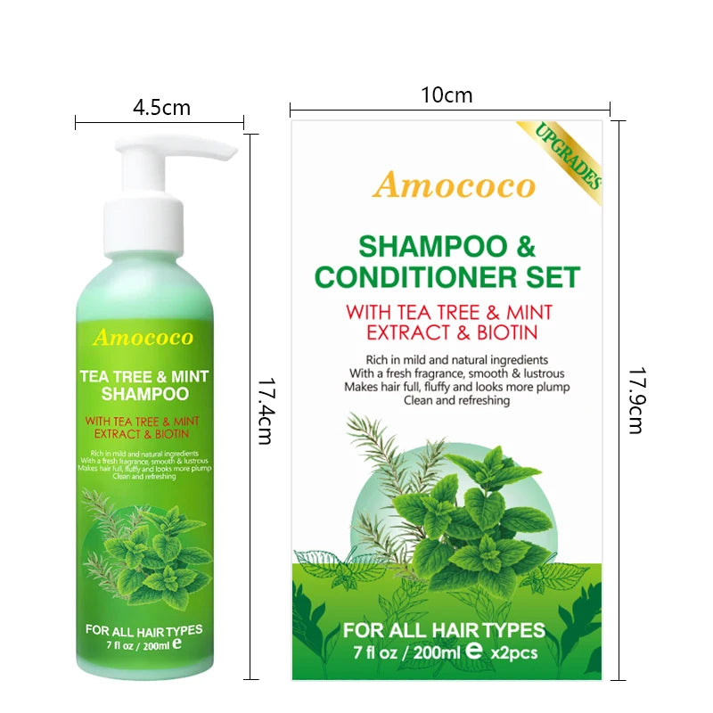 Amococo 2pcs X 200ml Tea Tree Shampoo and Conditioner Set with Mint Biotin Refreshing Scalp Care Hair Care Duo Volumizing Smooth Hair Formula for All Hair Types