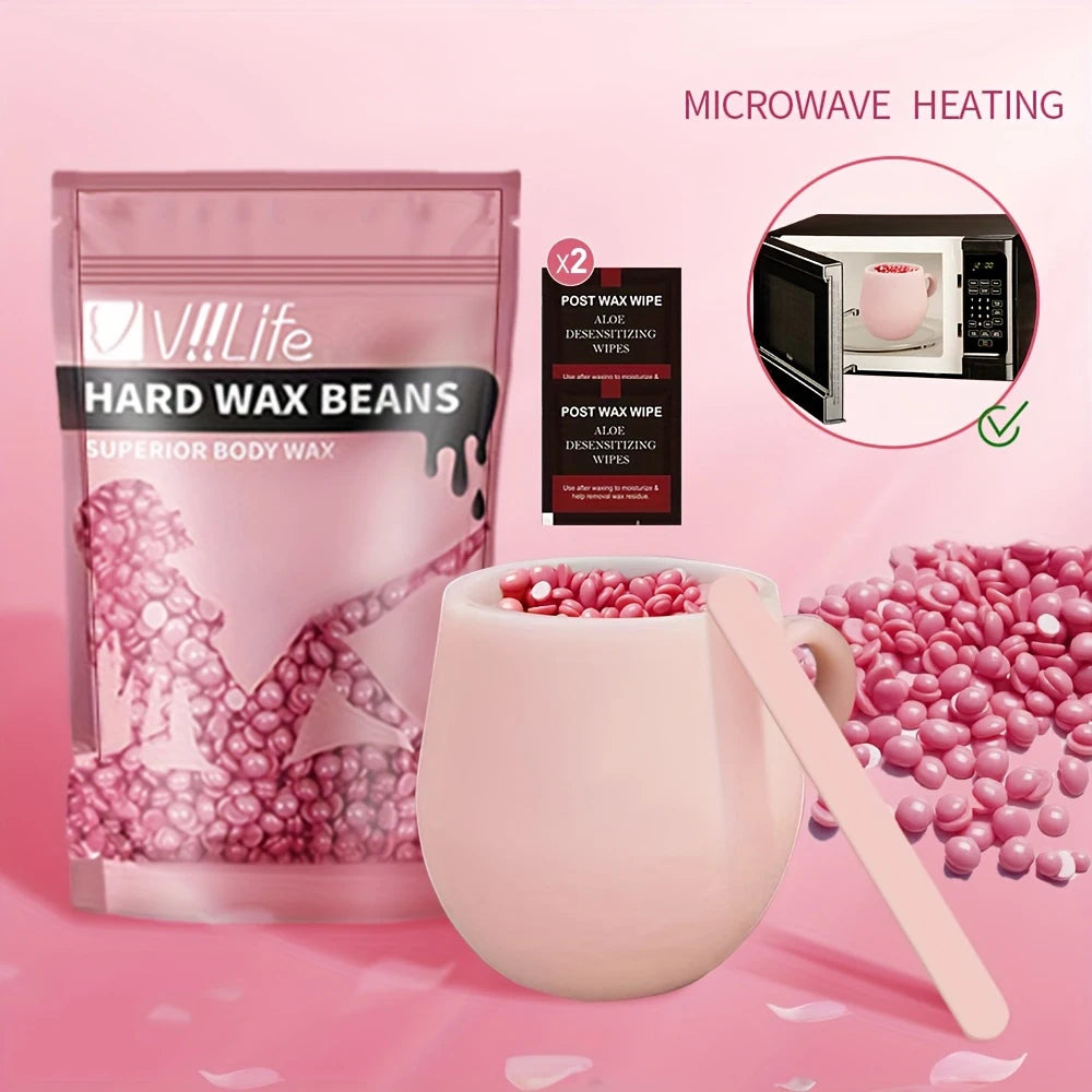 Viilife DIY At Home Microwave Waxing Kit Pink - Hard Wax Beads with Melting Cup & Applicator for Face & Body Hair Removal