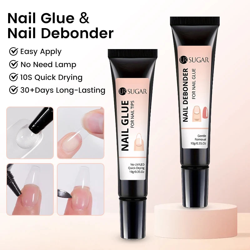 UR SUGAR 10g Nail Glue with Remover Set for Press On Nails Tips No Need Lamp Cured Long Lasting Quick Dry Soak Off Adhesion Gel