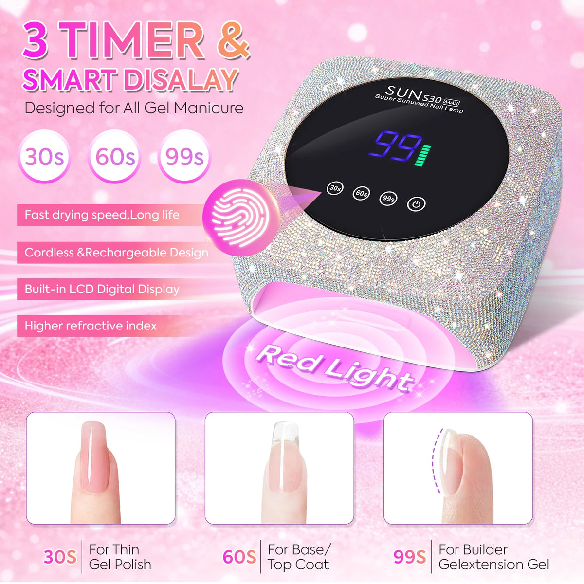 Rhinestone Nail Lamp: 57 LED Beads, 3 Timers, Smart Sensor & Power Bank Function - Rechargeable UV/LED Gel Polish Curing Light