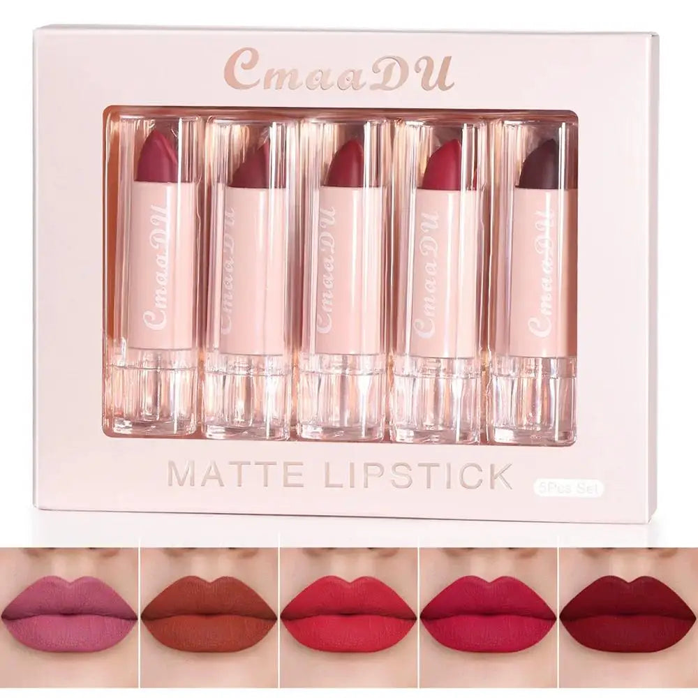 Velvet Matte Lipstick Set 5pcs Long Lasting Waterproof Red Nude Lipsticks Non Stick Cup Makeup Cosmetics Collection