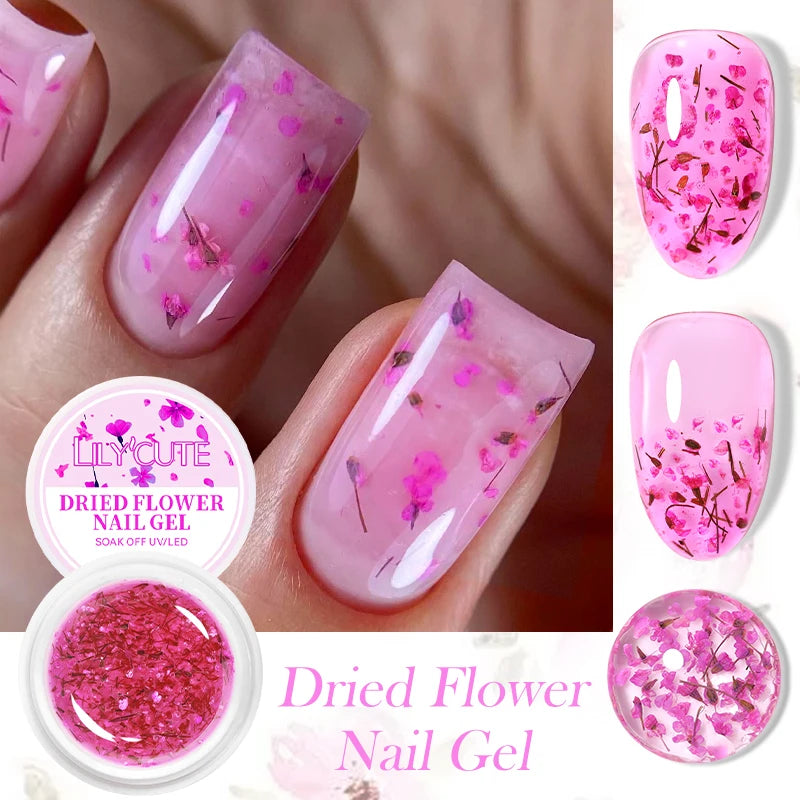 LILYCUTE 8ml Pink Natural Dried Flower Gel Nail Polish Summer Colorful Fairy Series Manicure Painting Soak Off Nail Art UV Gel