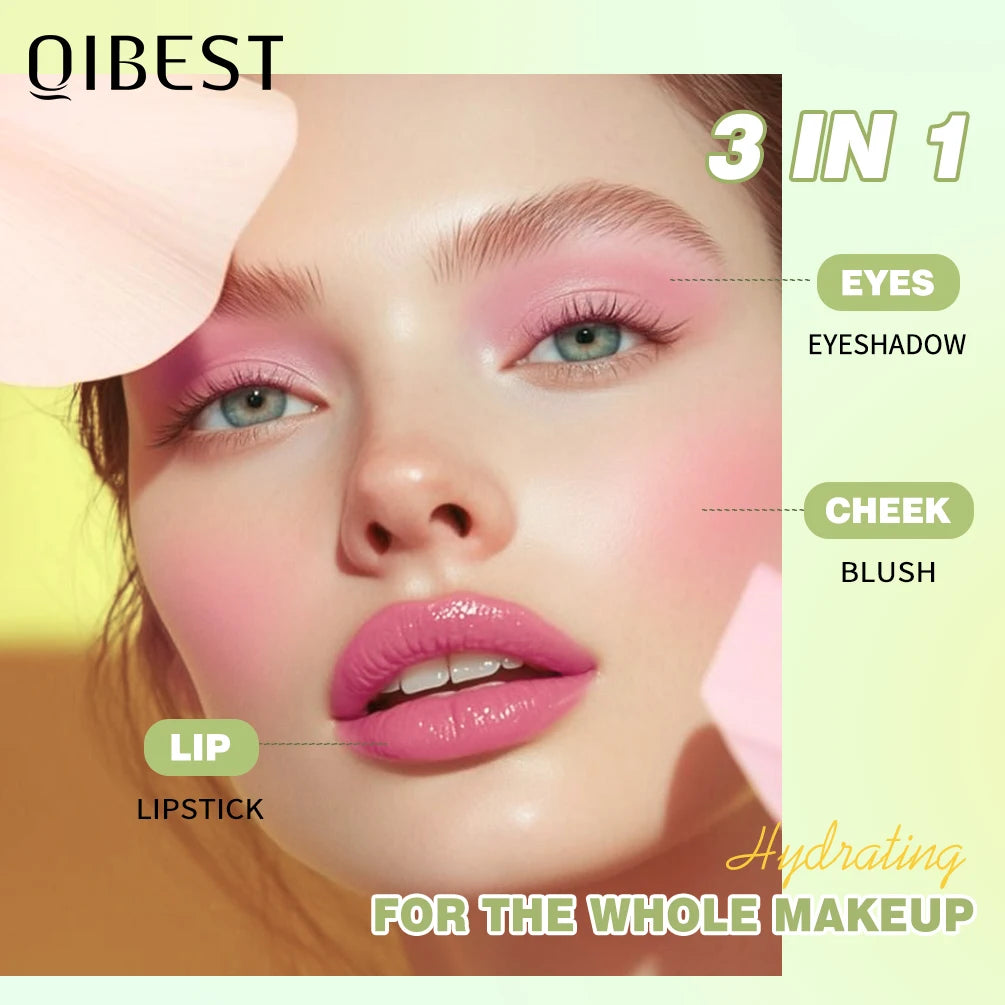 QIBEST 3 Colors Jelly Blush Stick Lip Balm Eyes 3-in-1 Multi-Use Matte Blush Moisturize Brighten Lipstick Watercolor Cosmetics