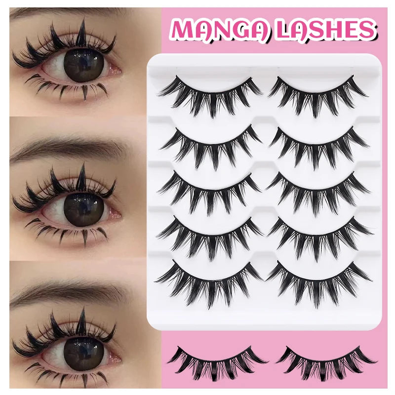 DINGSEN 5 Pairs Manga Lashes Cosplay Fake Eyelashes Strip Lash Soft Natural Look Fox Eye Korean Manhua Makeup False Eyelashes