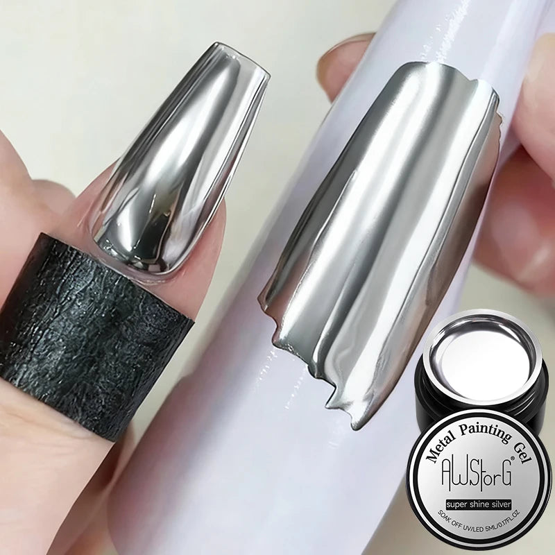 AWStorG 5ML Super Silver Metallic Gel Nail Polish Metal Effect Painting Gel Chromes Varnis Semi Permanent for Nail DIY
