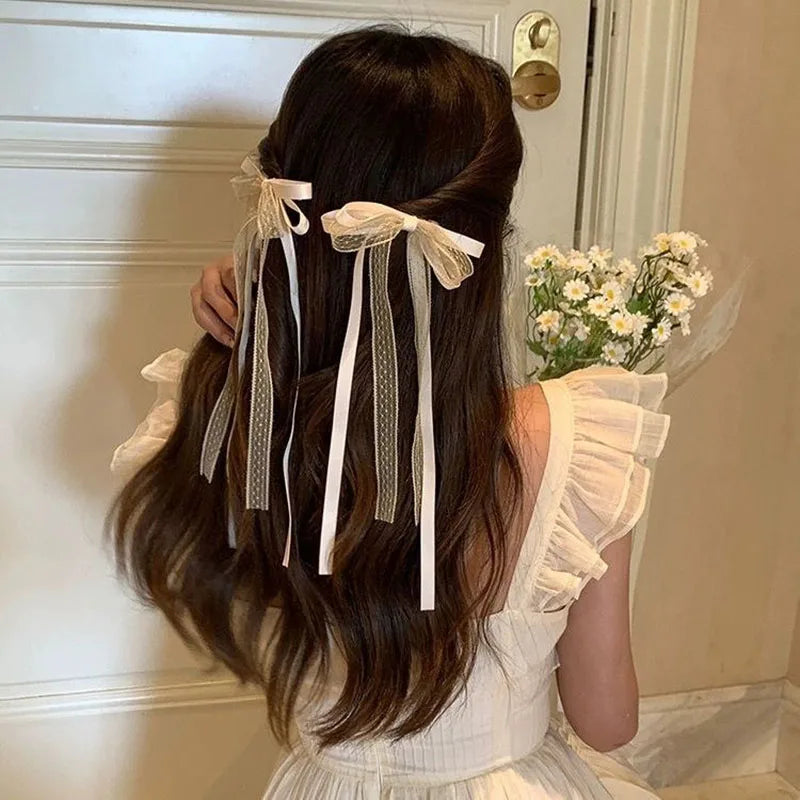 Vintage Large Satin Bow Hair Clip Trendy Long Ribbon Hairpin Barrettes Headwear women Hair Tie For Girl Braided Hair Accessories