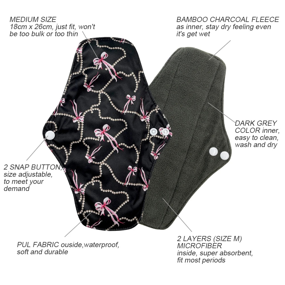 reusable sanitary pads for women daily periods, bamboo charcoal washable sanitary napkins,absorbent printed menstrual pads 5pcs