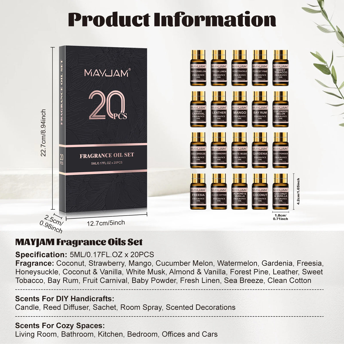 MAYJAM 20pcs/set Fragrance Oils for Diffuser Candle Making,Essential Oil Set 35 Bottles for Humidifier,Aromatherapy Oil Set 6pcs
