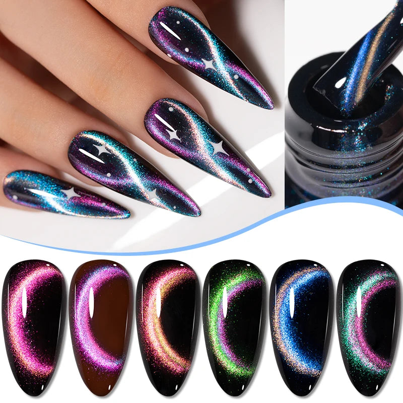 7.5ML Aurora Starlit Cat Eye Gel Nail Polish Rainbow Glitter Galaxy Cat Magnetic Nail Art Gel Soak Off UV Semi-Permanent Varnish