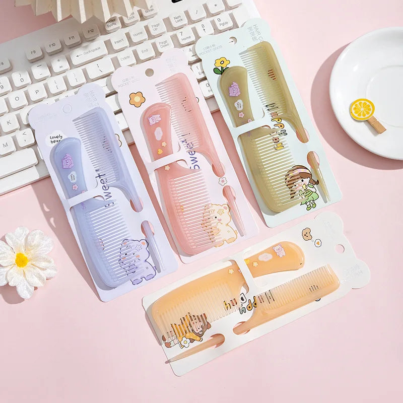 2pcs New Kids Hair Combs Set Cartoon Print Children Hairdressing Comb Tail Girls Portable Anti-Static Plastic Comb