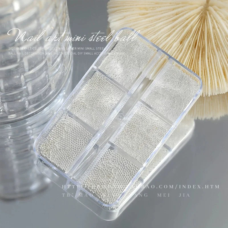 6 Grids Silver Steel Micro Beads Nail Art Decoration, Mixed Sizes-0.6mm 0.8mm 1.0mm, Nail Rhinestones Caviar Beads Nail Supplies