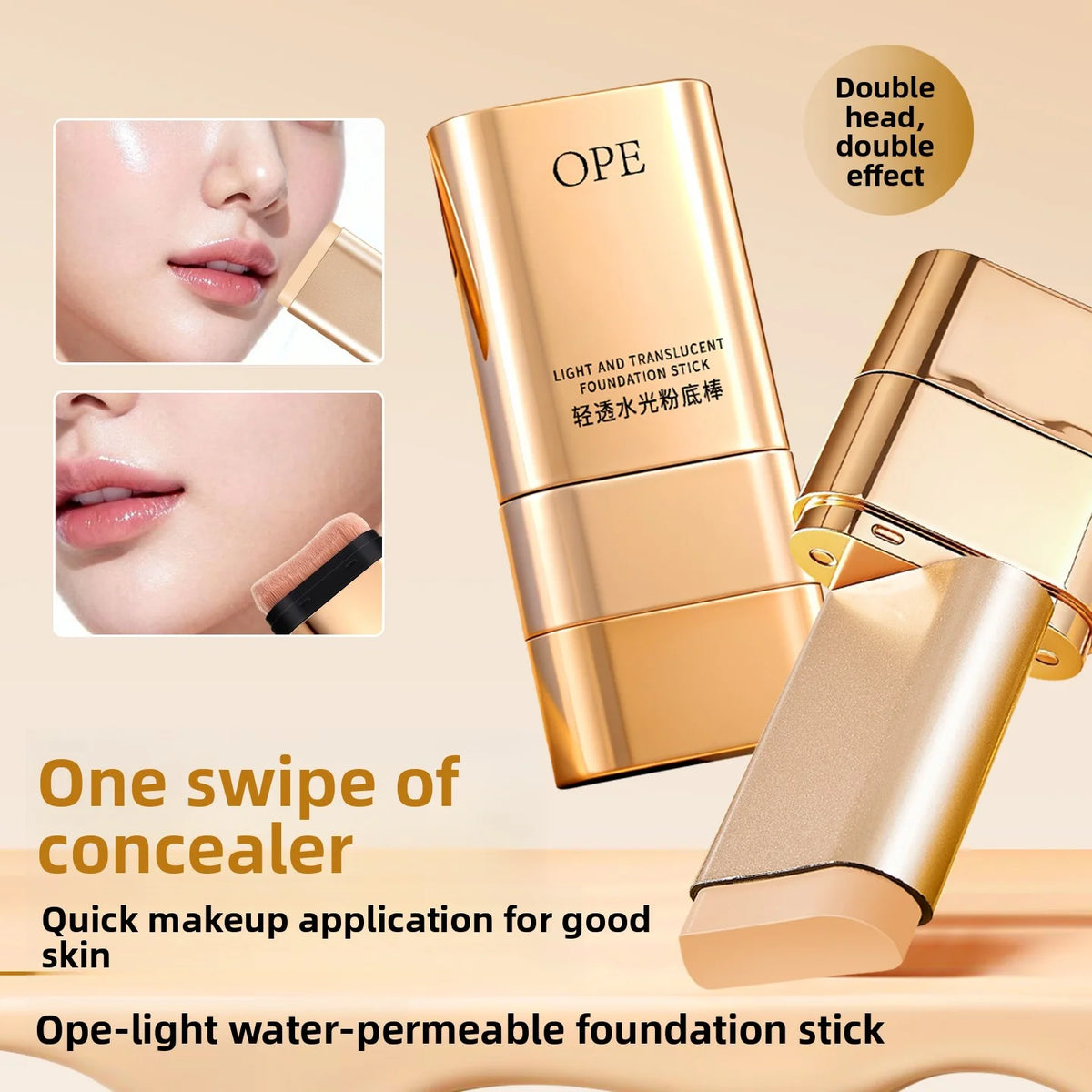 OPE 2-in-1 Foundation Stick - Dual Head Concealer & Brush, Lightweight, Long-Lasting, Quick Dewy Flawless Coverage
