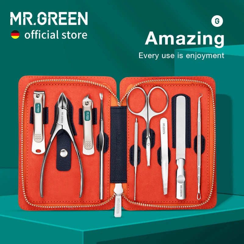 MR.GREEN Manicure Set 9 in 1 Professional Practical Kit With Leather Case Stainless Steel Nail Clippers Personal Care Tool
