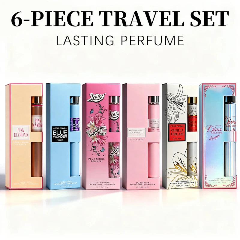 6-piece travel set, men's and women's eau de toilette spray, long-lasting fragrance, 6 different flavors, perfect for holiday gi