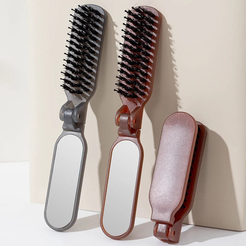 Mane Bristle Hair Brush Foldable Portable Comb With Mirror Pocket Collapsible Travel Massage Hair Styling Tool Salon Gift