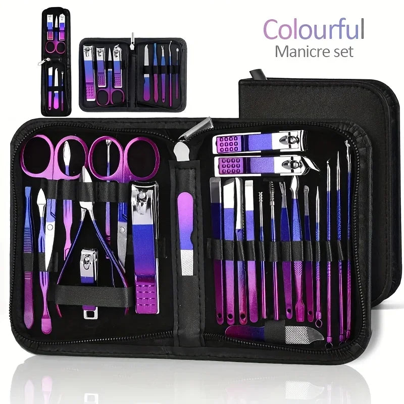 6/9/18/26/30pcs Manicure Set, Stainless Steel Gradient Professional Pedicure Kit Nail Scissors Grooming Kit With Travel Case