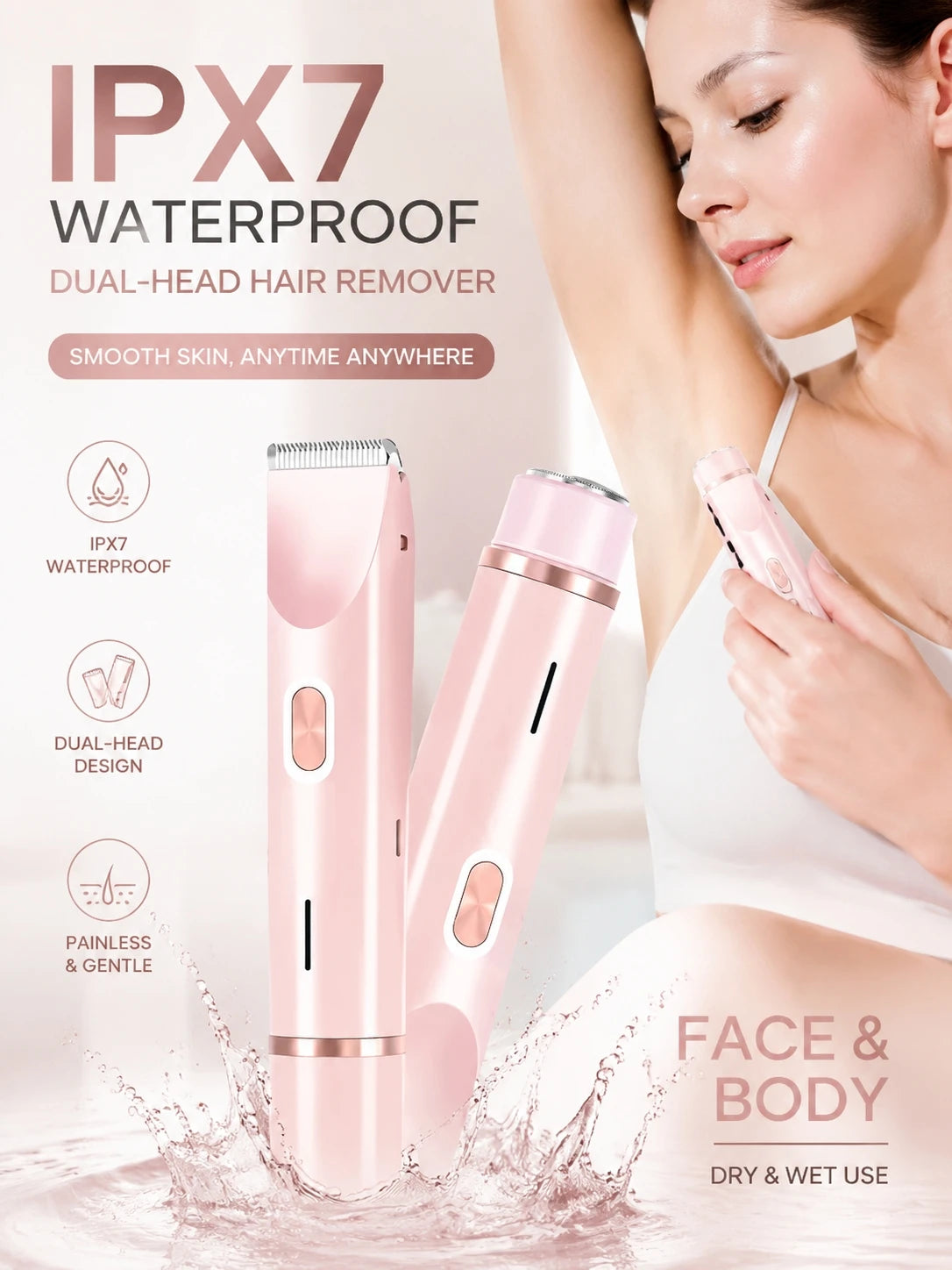 IPX7 Waterproof Dual Head Women's Hair Removal Device Wet Dry Use Facial Body Trimmer Painless Electric Shaver