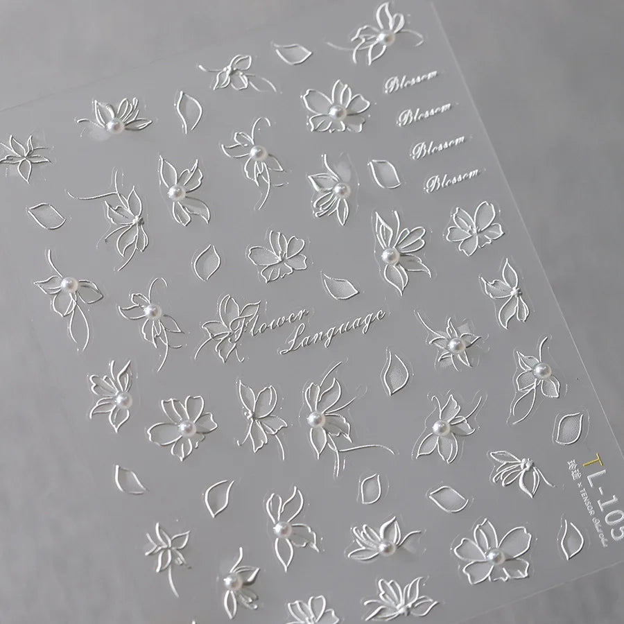1pcs 5D Exquisite White Flower Nail Art Stickers Elegant Floral Self Adhesive Slider Blossom Decals Wedding Manicure Decoration