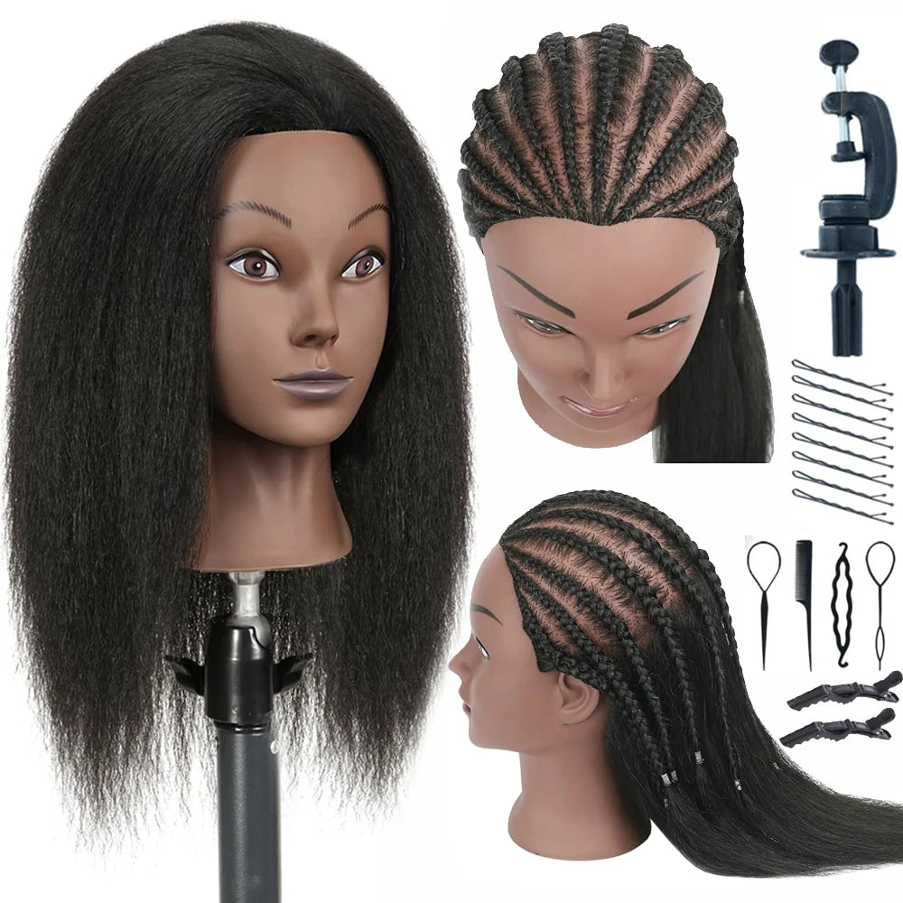 16"Human Hair Mannequin Head  for Braiding,Cosmetology Training Doll Head for Styling Practice With Stand