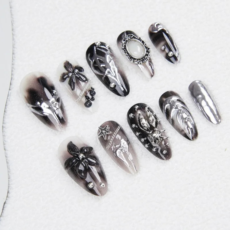 24PCS Gothic Dark Black Almond Press on Nails with Glue 3D Flowers Metallic Star Fake Nails Silver Heart Punk French False Nails