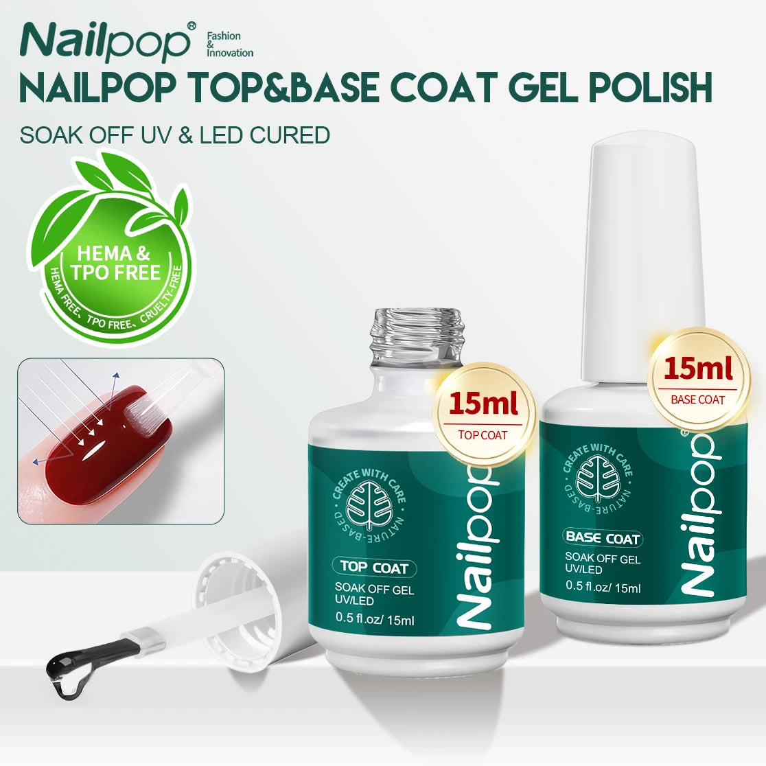 Nailpop Top Base Coat Gel HEMA/TPO Free Professional Soak Off UV/LED Cured Long Lasting Luster Easy Manicure Art Kit Clear 2pcs