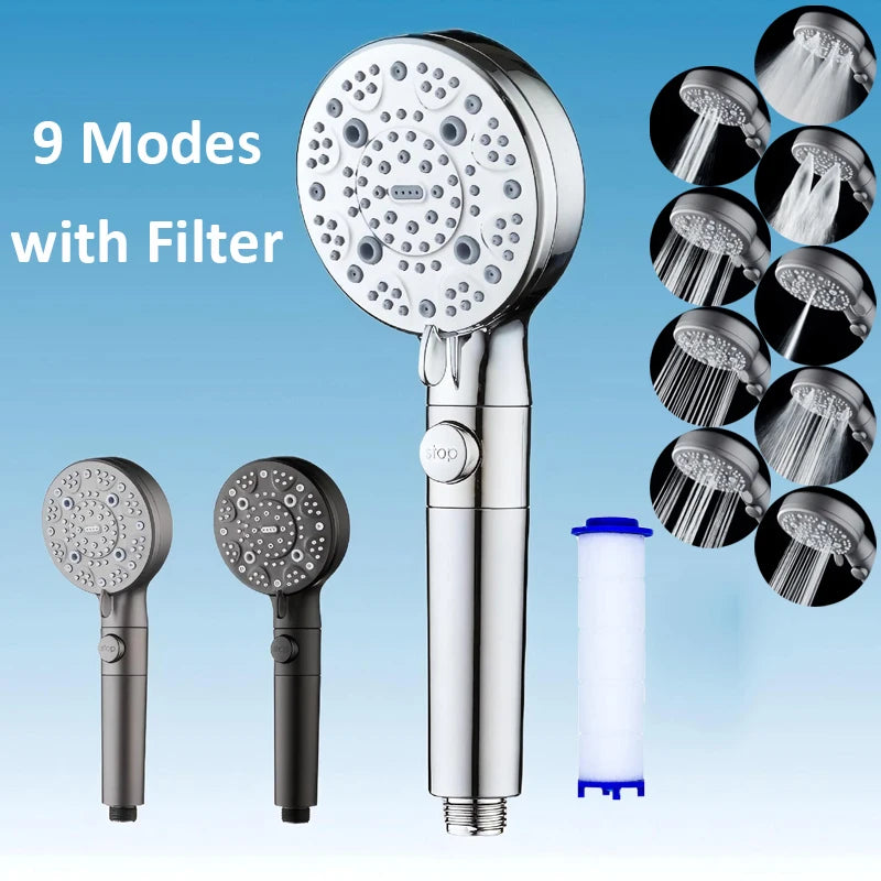 New 9 Modes Adjustable Shower Head With On/Off Button Bath High Pressure Massage Filter Shower Mixer Fuacet Bathroom Accessories