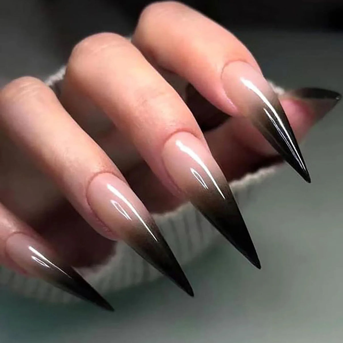 24 piece long pointed black gradient pattern glossy fake nail set enhances your Halloween style