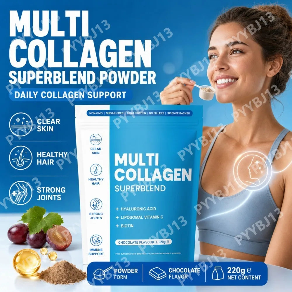 Multi Collagen Peptides Powder with Bovine and Marine Collagen, Hyaluronic Acid, Vitamin C and Biotin, Chocolate Flavour, 220g