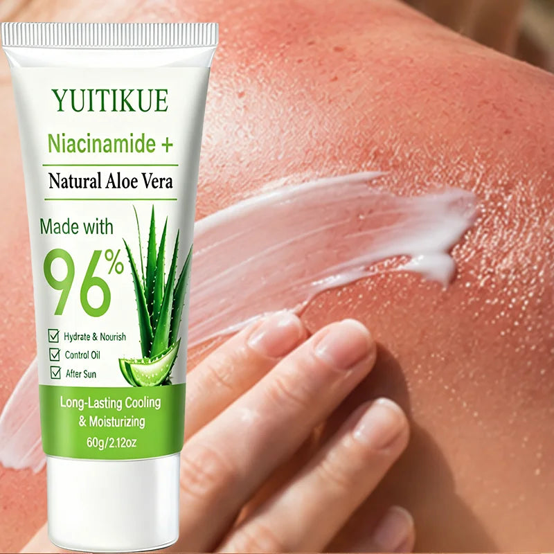 YUITIKUE Oil Control Aloe Vera Gel 96% Natural Niacinamide Long Lasting Cooling Hydrating Soothe Sun Damaged Skin Treatment 60g