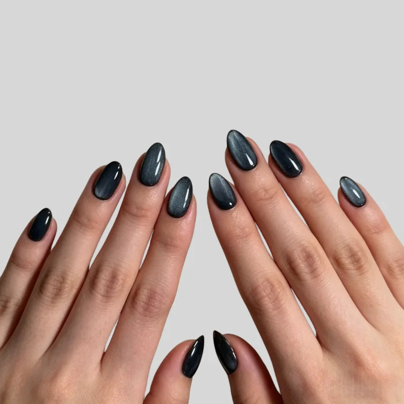24Pcs Fake Nails Black Cat Eye Starry Sky Minimalist Instagram Style Short Almond Press-On Nail Tips Perfect Gift for Girls
